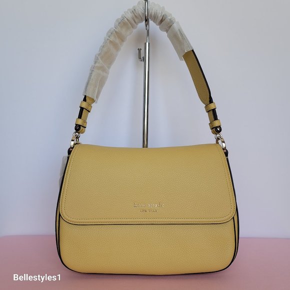 KATE SPADE Hudson Pebbled Leather Medium Flap Convertible Shoulder Bag- Mullein⭐ - Picture 6 of 16